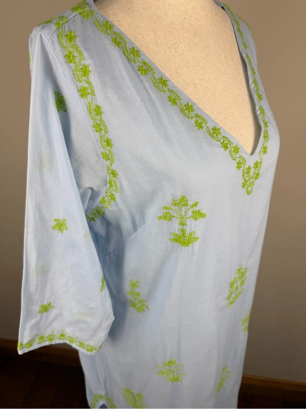 Gretchen Scott Blue Embroidered Kaftan Dress Size Small Resort Cover Up Tunic - Picture 9 of 16